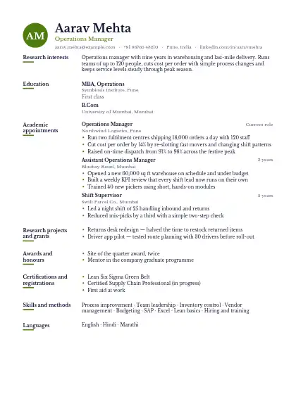 Olive Scholar resume template — academic layout, single-column, no photo, green accent