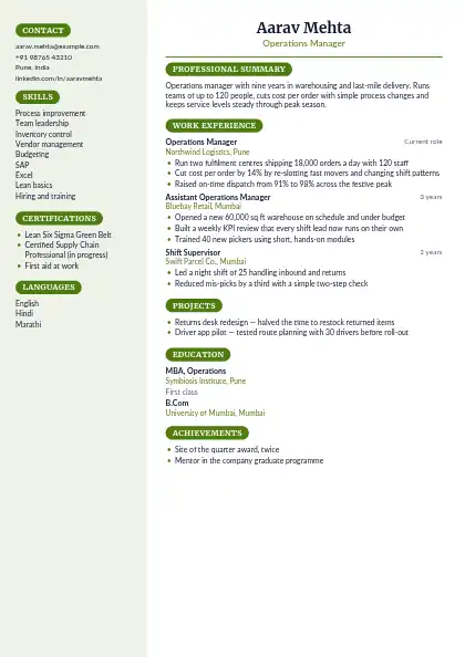 Olive Sidebar resume template — left sidebar layout, two-column, no photo, green accent