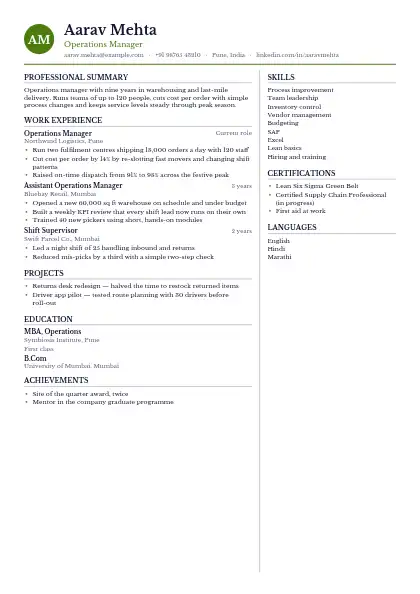 Olive Split resume template — two-column, no photo, green accent