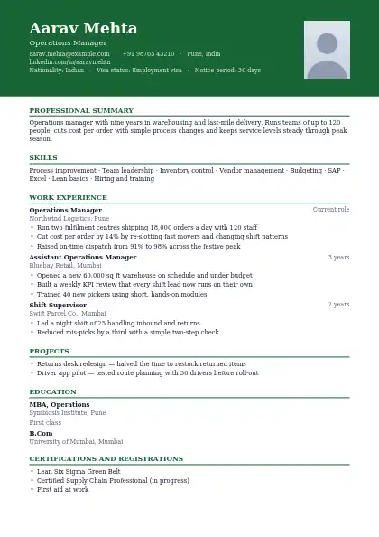 Pine Banner resume template — top band layout, single-column, photo, green accent