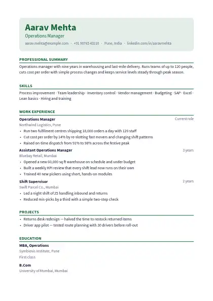 Pine Header Box resume template — single-column, no photo, green accent