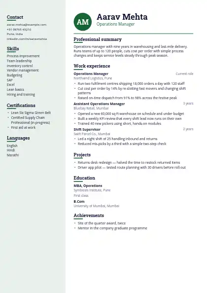 Pine Monogram resume template — left sidebar layout, two-column, no photo, green accent