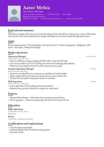 Plum Banner resume template — top band layout, single-column, photo, purple accent