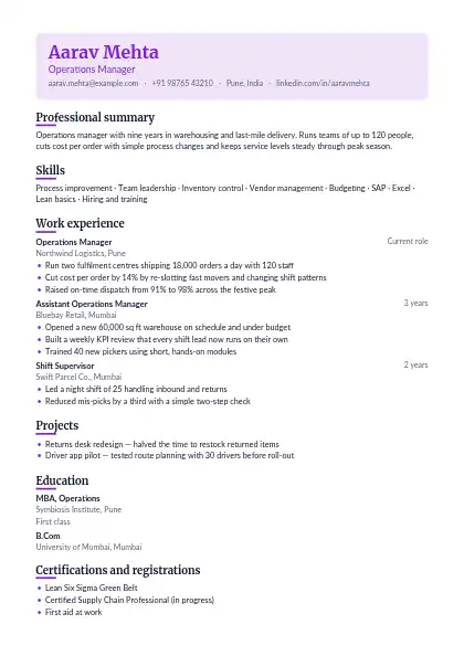 Plum Header Box resume template — single-column, no photo, purple accent