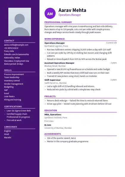 Plum Monogram resume template — left sidebar layout, two-column, photo, purple accent