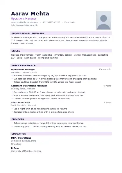 Plum Photo Right resume template — single-column, photo, purple accent