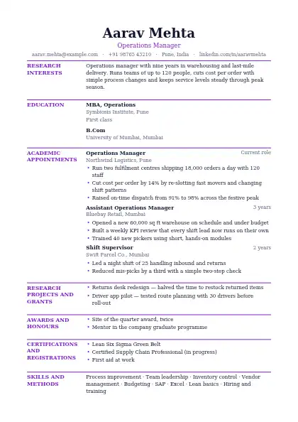 Plum Scholar resume template — academic layout, single-column, no photo, purple accent