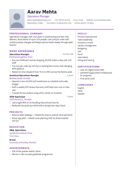 Plum Split resume template — two-column, photo, purple accent
