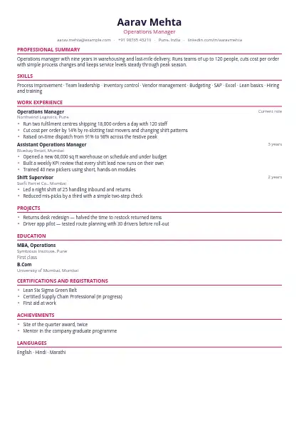 Rose Centred Accent resume template — single-column, no photo, pink accent