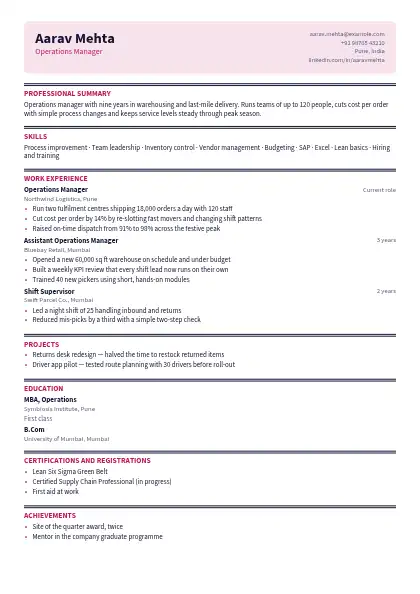 Rose Double Line One-Page resume template — compact layout, single-column, no photo, pink accent