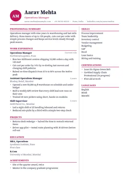 Rose Monogram resume template — two-column, no photo, pink accent