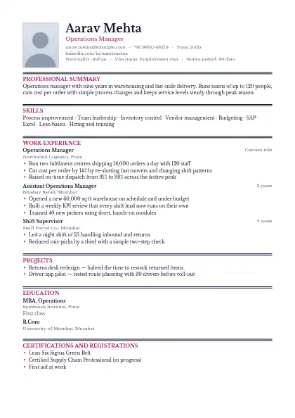 Rose Photo Left resume template — single-column, photo, pink accent