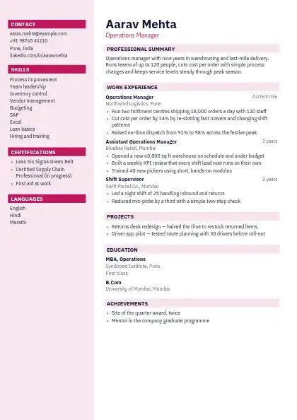 Rose Sidebar resume template — left sidebar layout, two-column, no photo, pink accent