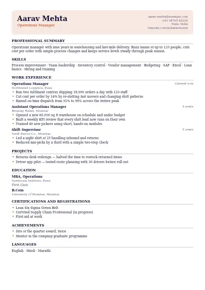 Rust Line One-Page resume template — compact layout, single-column, no photo, orange accent