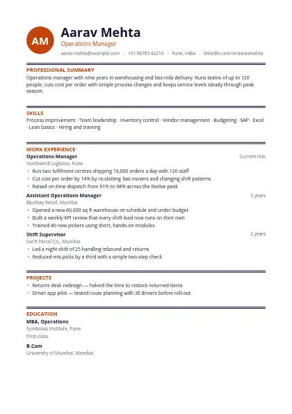 Rust Monogram resume template — single-column, no photo, orange accent