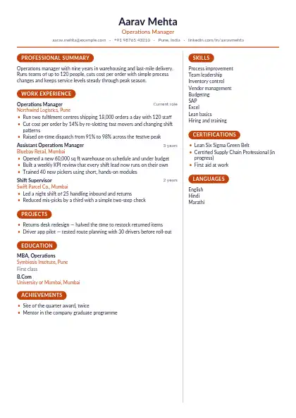 Rust Split resume template — two-column, no photo, orange accent
