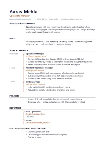 Rust Timeline resume template — timeline layout, single-column, no photo, orange accent