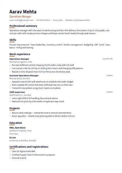 Rust Underline resume template — single-column, no photo, orange accent