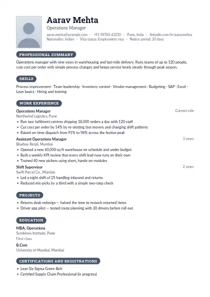Slate Photo Left resume template — single-column, photo, grey accent
