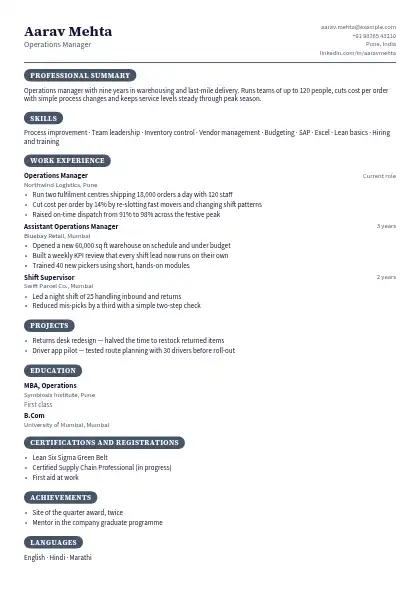Slate Pill One-Page resume template — compact layout, single-column, no photo, grey accent