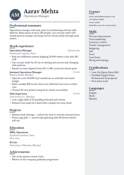 Slate Right Panel resume template — right sidebar layout, two-column, no photo, grey accent