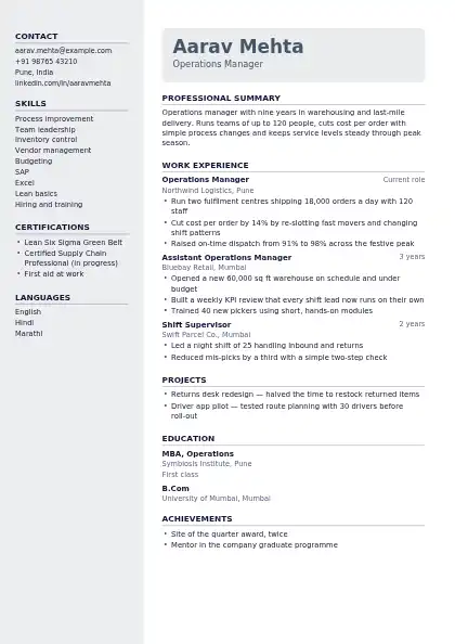 Slate Sidebar resume template — left sidebar layout, two-column, no photo, grey accent