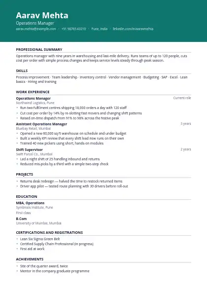 Teal Banner resume template — top band layout, single-column, no photo, teal accent