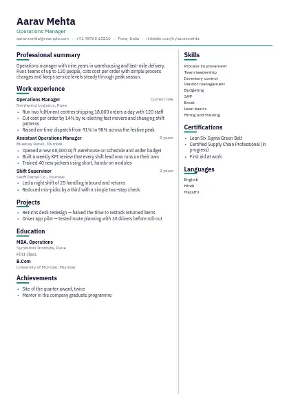 Teal Split resume template — two-column, no photo, teal accent
