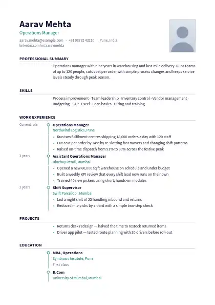 Teal Timeline resume template — timeline layout, single-column, photo, teal accent