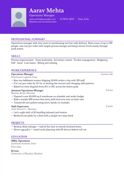 Violet Banner resume template — top band layout, single-column, photo, purple accent