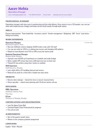 Violet Classic resume template — single-column, no photo, purple accent
