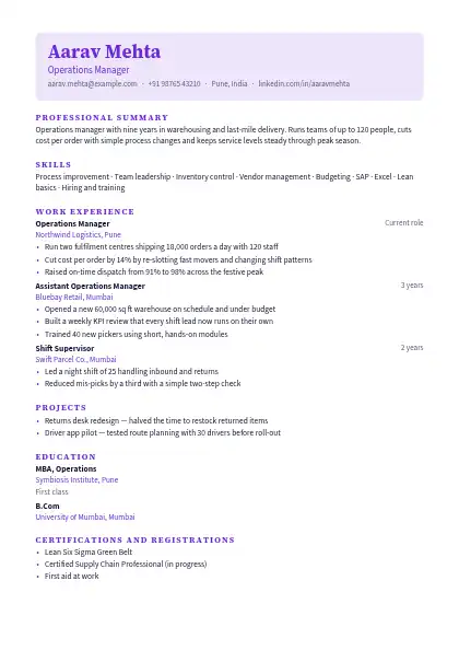 Violet Header Box resume template — single-column, no photo, purple accent