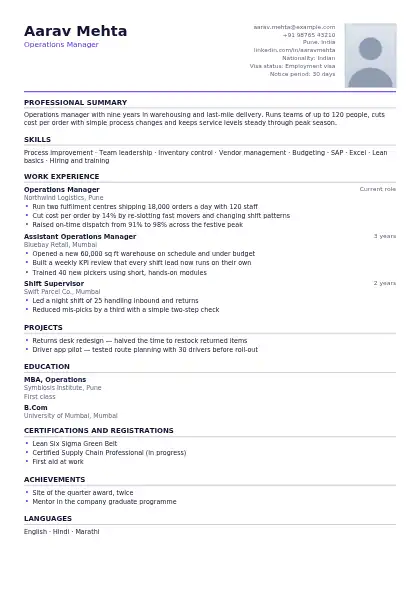 Violet Line One-Page resume template — compact layout, single-column, photo, purple accent