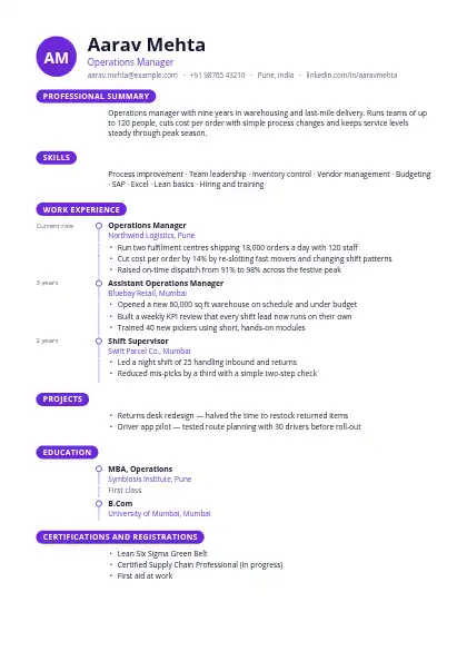 Violet Monogram resume template — timeline layout, single-column, no photo, purple accent