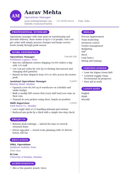 Violet Split resume template — two-column, no photo, purple accent