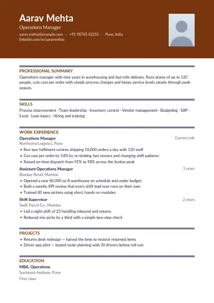 Walnut Banner resume template — top band layout, single-column, photo, brown accent
