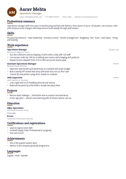 Walnut Monogram resume template — single-column, no photo, brown accent
