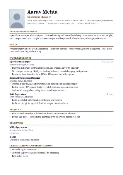 Walnut Photo Left resume template — single-column, photo, brown accent