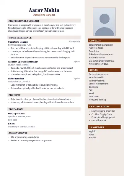 Walnut Right Panel resume template — right sidebar layout, two-column, photo, brown accent