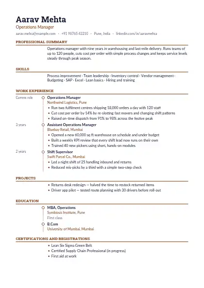 Walnut Timeline resume template — timeline layout, single-column, no photo, brown accent