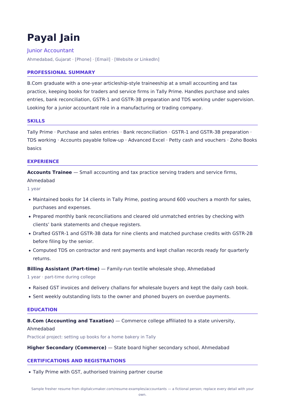 Sample fresher accountant resume (page 1)