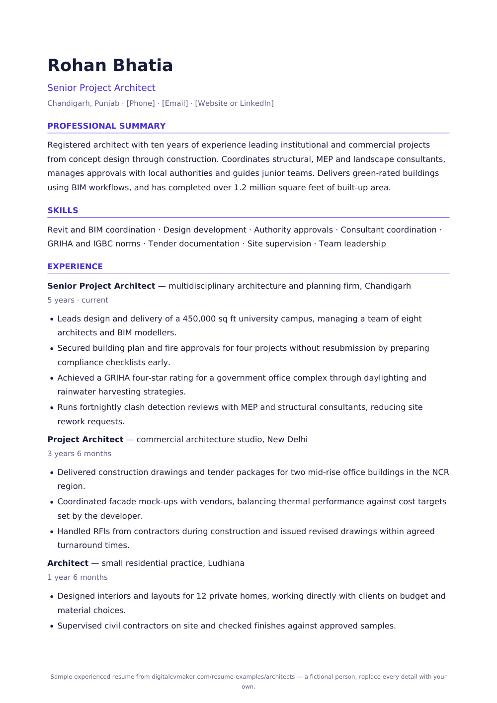 Sample experienced architect resume (page 1)