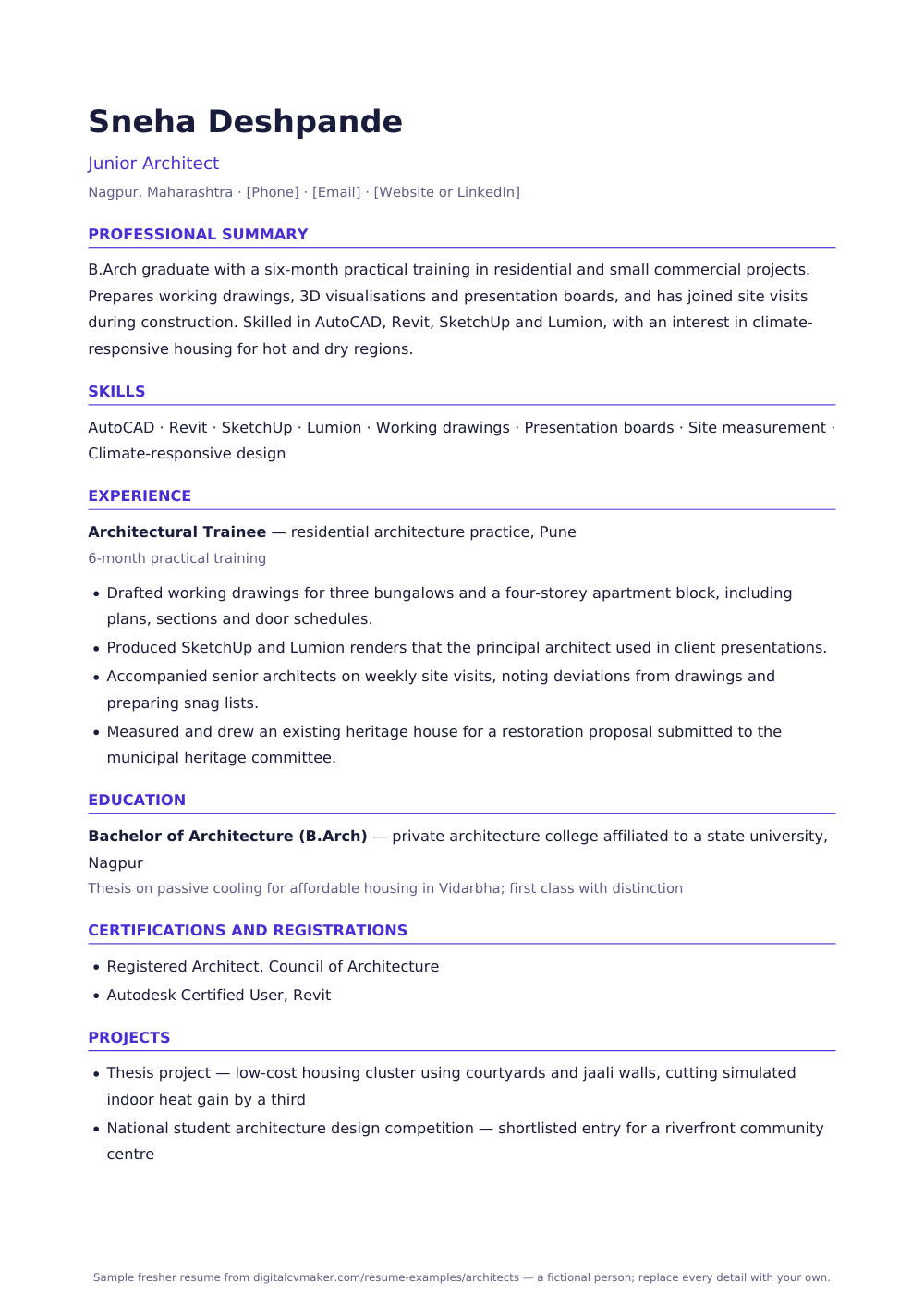 Sample fresher architect resume (page 1)