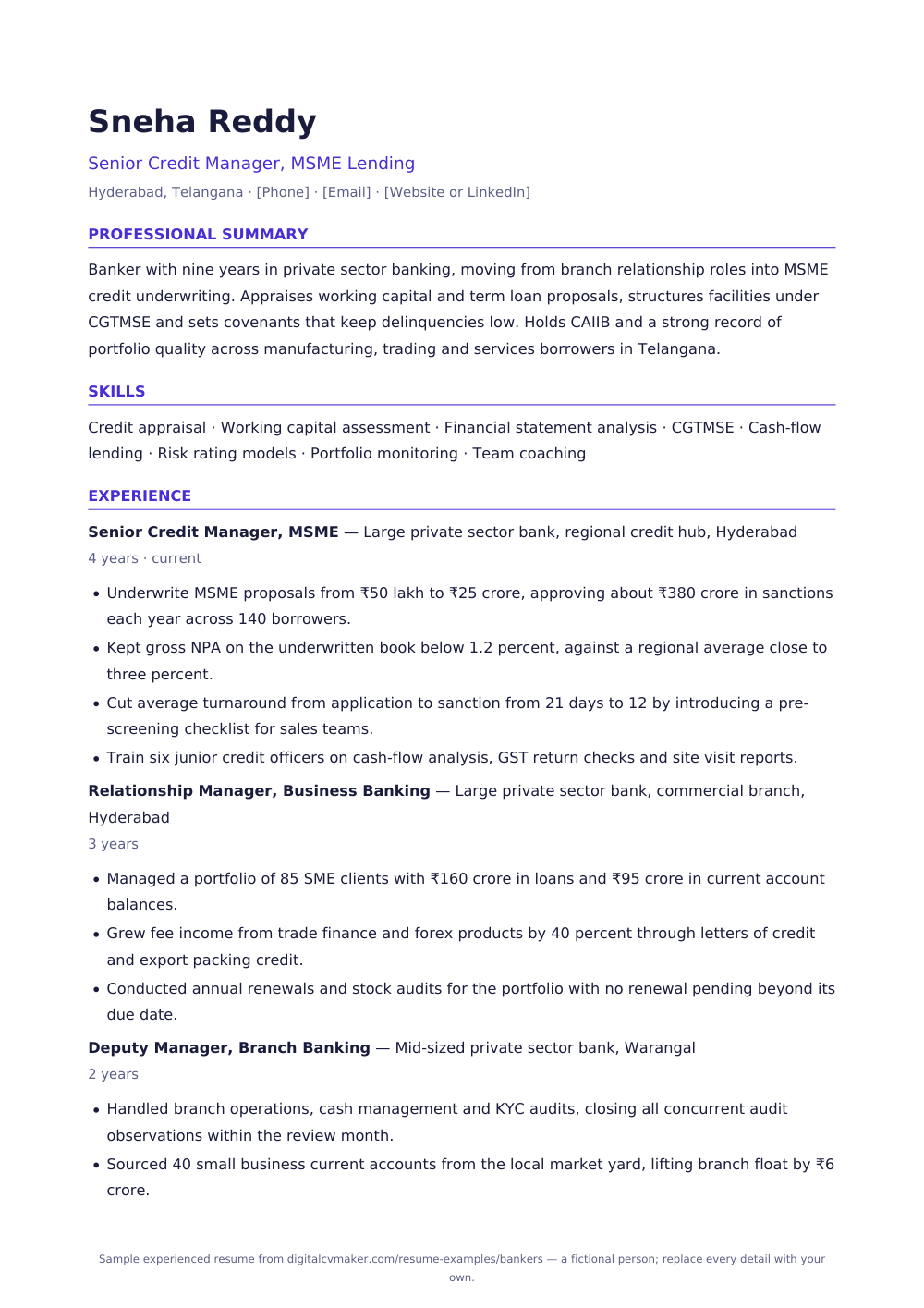 Sample experienced banker resume (page 1)