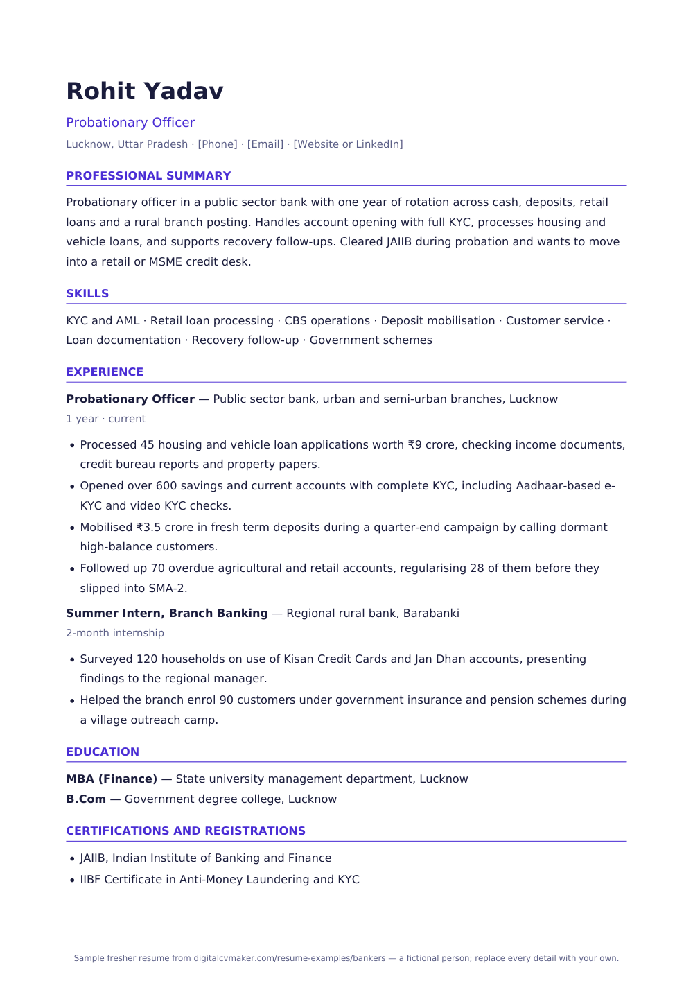 Sample fresher banker resume (page 1)