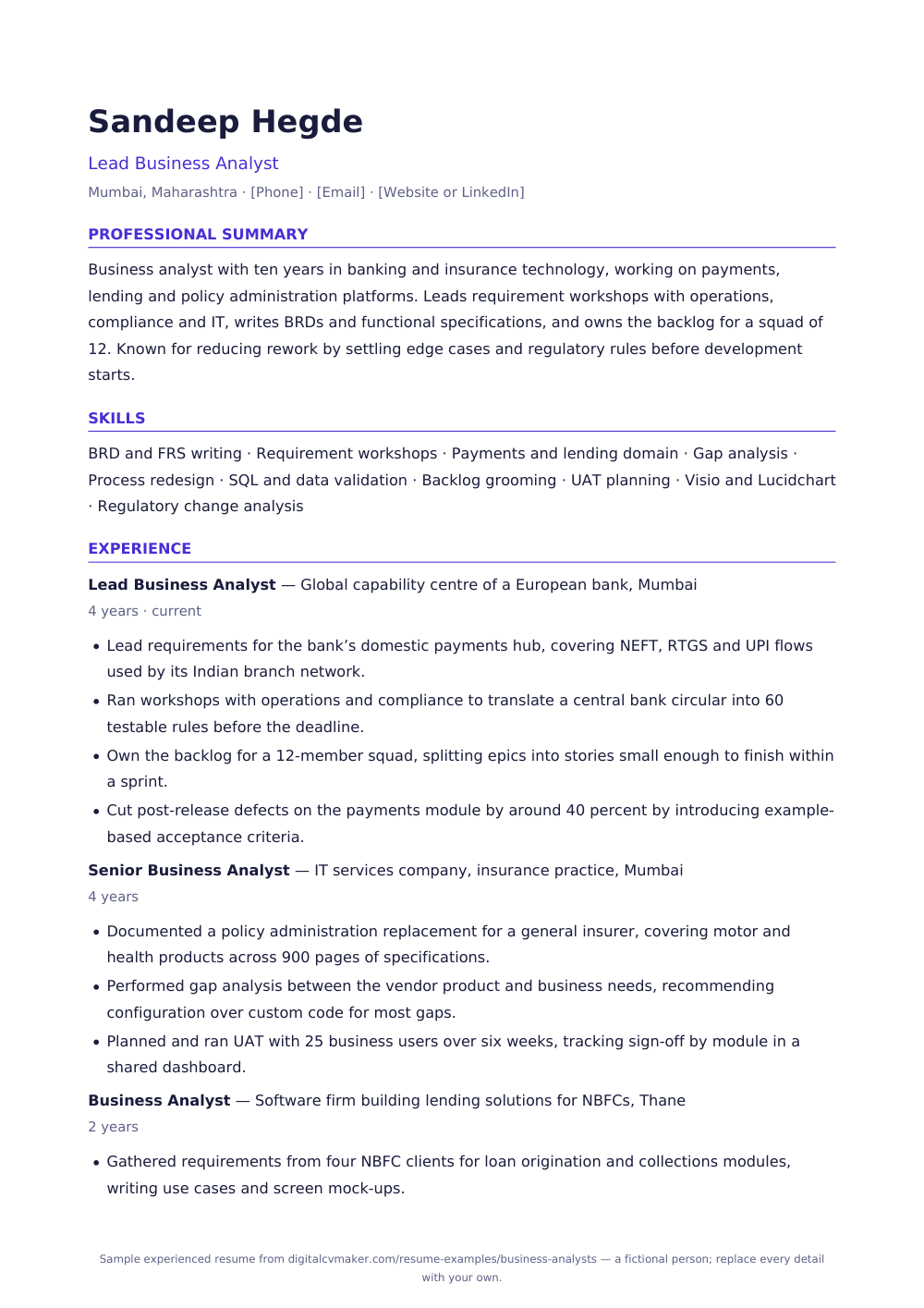 Sample experienced business analyst resume (page 1)