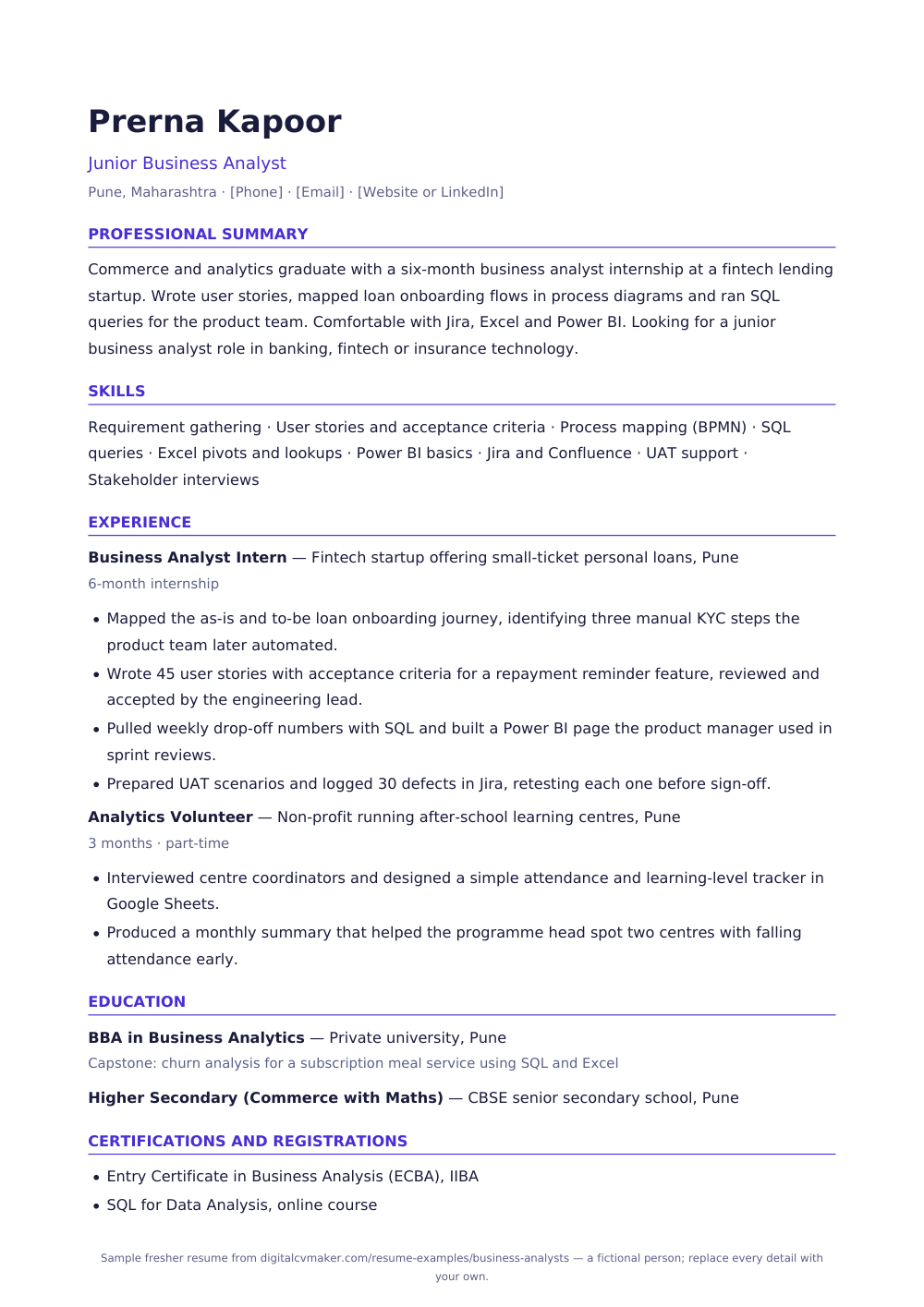 Sample fresher business analyst resume (page 1)