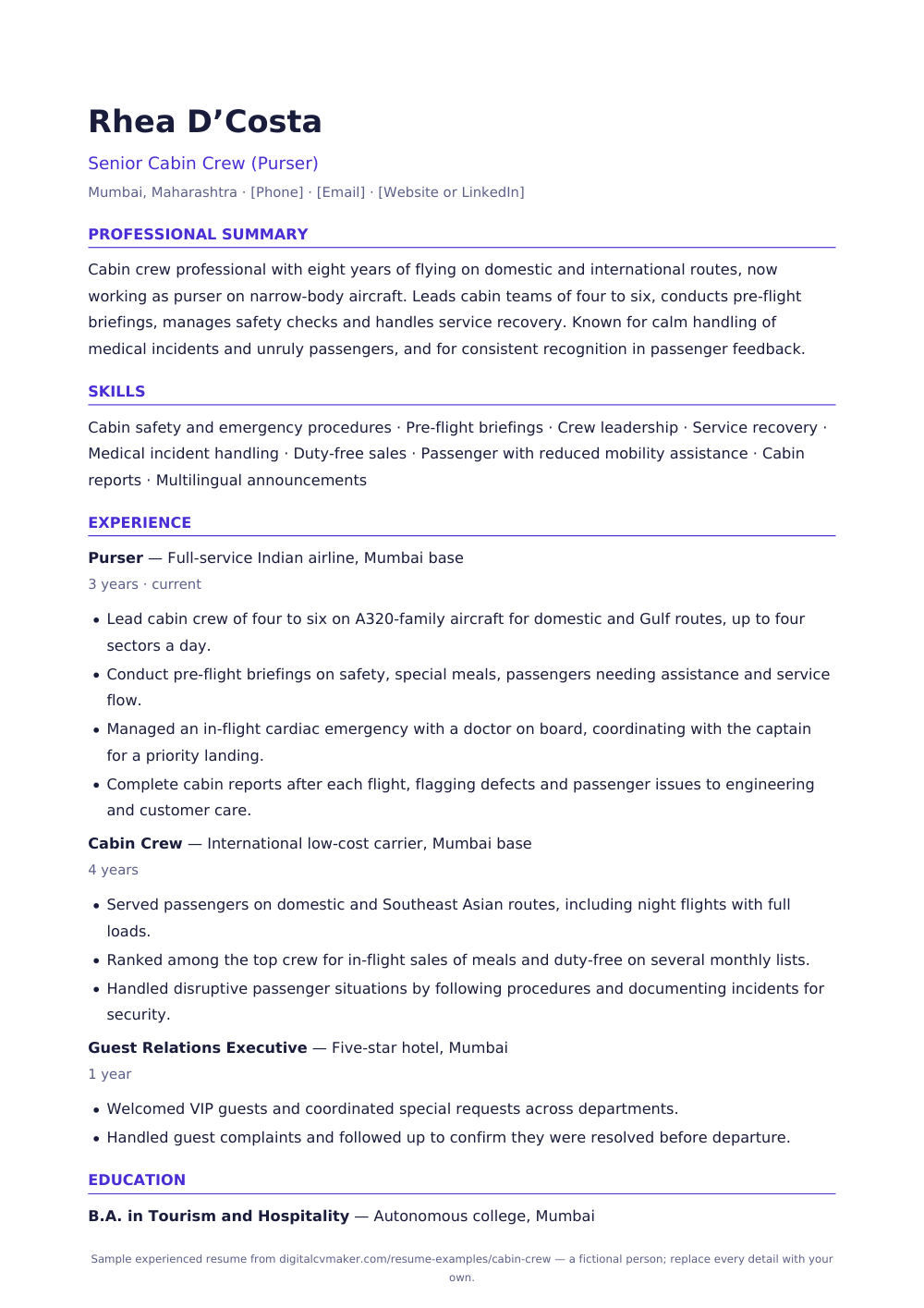 Sample experienced cabin crew member resume (page 1)