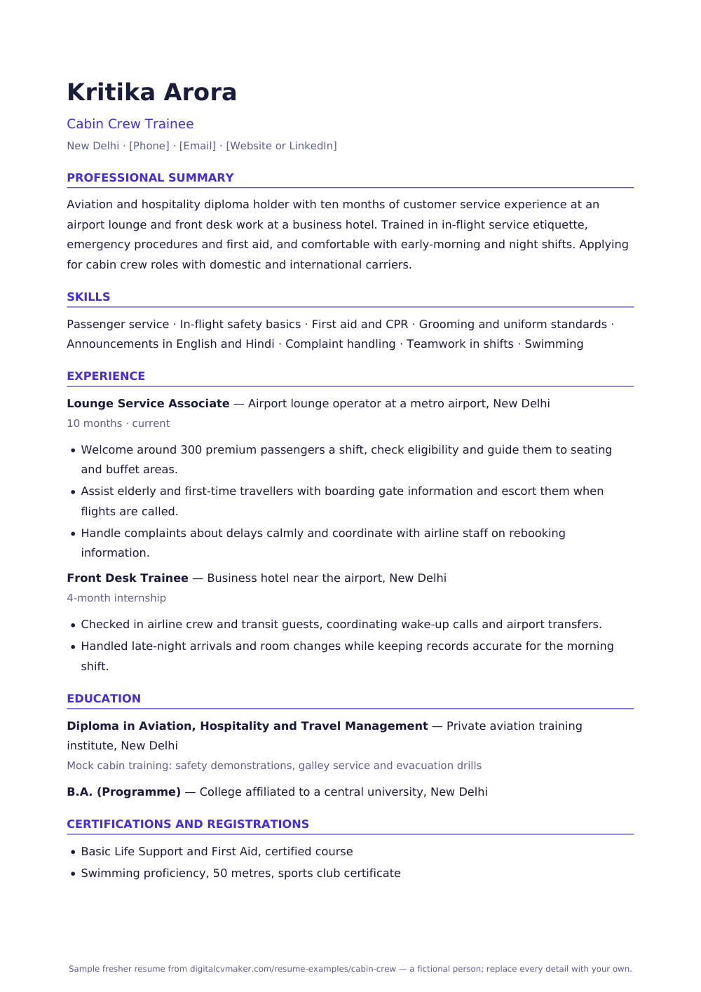 Sample fresher cabin crew member resume (page 1)