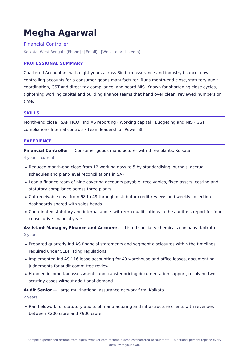 Sample experienced chartered accountant resume (page 1)